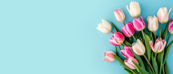 Wall Mural - Pink tulips close up on blue background, frame