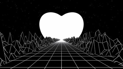 Wall Mural - 3d abstract black and white retroway. Retro 80s 90s retrowave landscape topographic. Grey mountains with neon love hrart sunset. Sci-fi y2k viral romantic space sky glowing stars. Animation loop 30fps