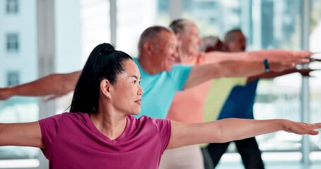 Canvas Print - Fitness, stretching and senior Asian woman for exercise, training and cardio workout in gym. Sports, retirement and elderly men and women warm up together for wellness, healthy body and yoga club