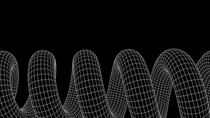  3d abstract wireframe grid neon laser line art white shape. Futuristic retro 80s 90s sci-fi background. Spiral object. Snake wave 