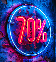 Vibrant neon sign glowing with 70% discount offer on a textured dark wall, symbolizing sales promotion, price reduction, and marketing in retail and shopping