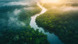 © ChubbyCat - Aerial view of a mist-covered rainforest at sunrise, with the winding river reflecting the warm sunlight amidst the lush greenery.