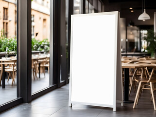 White paper poster mockup displayed outside the building restaurant design. Marketing and business concept design