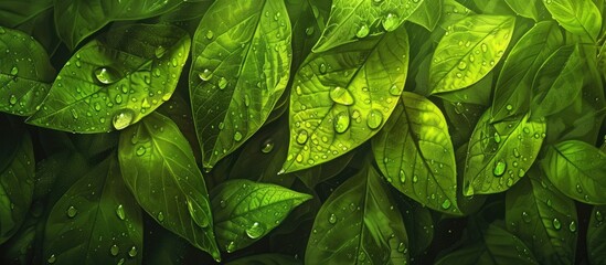 Poster - A cluster of lush green leaves covered in tiny water droplets, glistening in the light. The leaves appear fresh and vibrant, their surfaces dotted with raindrops, creating a captivating sight.