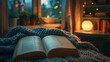 An open book rests on a cozy knitted blanket with a warm glowing lamp in the background, surrounded by plants and soft lights that evoke a comfortable and tranquil reading atmosphere.