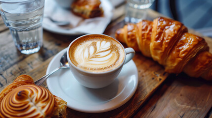 a cup of cappuccino with latte art an croassant breakfast on a coffee house bistro table in the suns