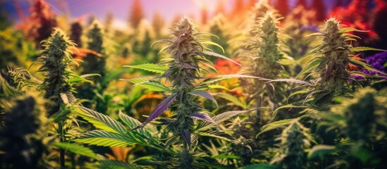 Wall Mural - A field of marijuana plants is illuminated by the setting sun in the background, showcasing their lush green leaves and tall stems. The plants are thriving under the sunlight, creating a vibrant and