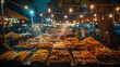 Traditional street foods line the stalls of a lively night market, creating an enticing atmosphere of flavors and aromas under the evening lights.