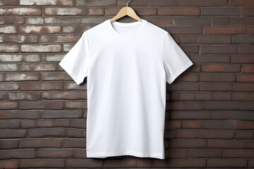 Wall Mural - T-shirt on hanger on brick wall background. Mockup for design