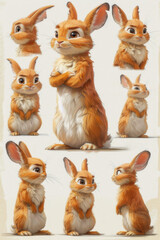 Wall Mural - A set of adorable cute red rabbits on a white background