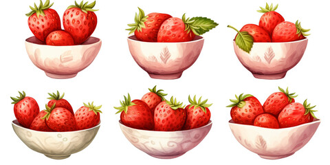 watercolor art of strawberry in white bowl isolated on a white background as transparent PNG