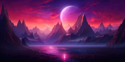 Wall Mural - Striking purple landscape with a neon pink glowing sun setting or rising behind pointy mountains