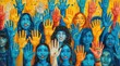 A diverse group of employees, representing different ethnicities and backgrounds, raise their hands together in a show of solidarity and unity, symbolizing a workplace culture