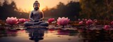 Big buddha statue with lotus flowers. Buddha silhouette, background beliefs of Buddhism