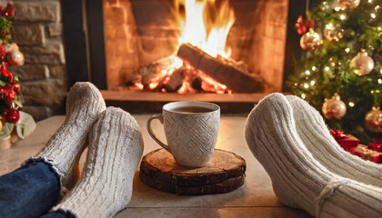 Wall Mural - couple feet by the cozy fireplace. Man and Woman relaxes by warm fire with a cup of hot drink and warming up her feet. Close up on feet. Winter and Christmas holidays concept