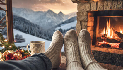 Wall Mural - couple feet by the cozy fireplace. Man and Woman relaxes by warm fire with a cup of hot drink and warming up her feet. Close up on feet. Winter and Christmas holidays concept