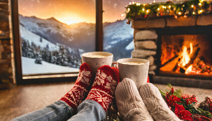 Wall Mural - couple feet by the cozy fireplace. Man and Woman relaxes by warm fire with a cup of hot drink and warming up her feet. Close up on feet. Winter and Christmas holidays concept