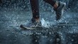 Lateral macro shot of a person runing in running shoes treading water at nigth, the shoes are gray 