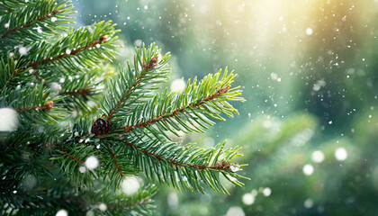 Wall Mural - Beautiful green fir tree branches close up. Christmas and winter concept