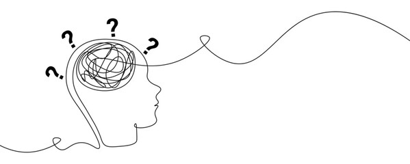Wall Mural - Confused tangled thoughts questions marks one continuous line drawing concept illustration vector