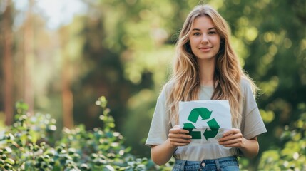 Young volunteer woman holding paper with green recycling sign over blurred natural background. Eco living, environment, sustainability concept. Generative ai