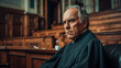 © ImageFlow - An older person dressed in a judge's robe sits sternly in a court setting, embodying law and order. Ai generative