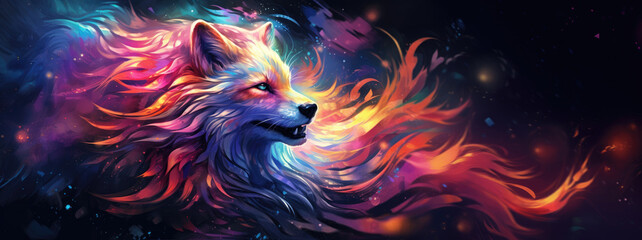 Wall Mural - Red fox against cosmic background with space, stars, nebulae, vibrant colors, flames; digital art in fantasy style, featuring astronomy elements, celestial themes, interstellar ambiance