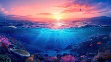 Long Banner With Underwater World And Vivid Sunset Sky. Transparent Deep Water Of The Ocean Or Sea With Rocks, Fish And Plants. AI Generated.