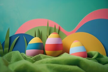 Wall Mural - A Vibrant Easter Celebration: Colorful Eggs Nestled Amongst Lush Green Grass, Simplified to Bold Color Bands for a Modern Twist