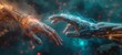 Person is touching one of the hands from AI, in the style of light sky-blue and teal, human connections, neo-academism, focus on joints/connections