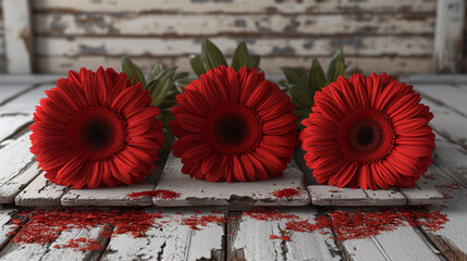 Sticker - red flowers on a wooden table