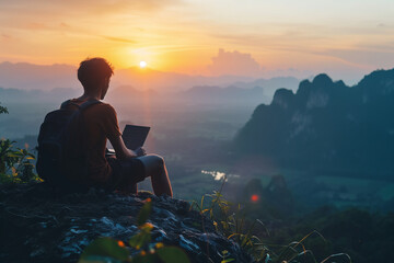 Digital nomad with laptop embracing remote work in a breathtaking mountain sunset setting, embodying work-life balance