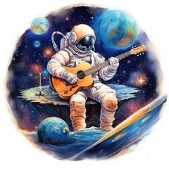 Wall Mural - watercolor astronaut playing guitar on a white background. Generative AI