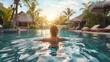 A person relaxes in a tropical swimming pool during vacation at sunset. Ai generative illustration