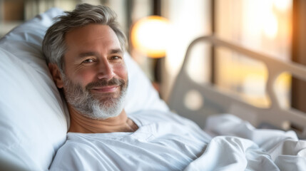 A person smiling while resting in a hospital bed, conveying a healthcare concept. Ai generative illustration