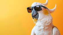 
White Cockatoo Parrot With Sunglasses In Close-up. Domestic Pet Bird Against Solid Pastel Yellow Background.