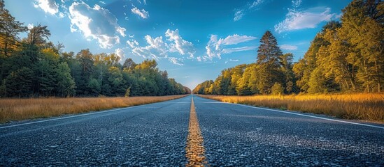 highway in the grassland background of blue sky and bright clouds