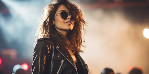 Wall Mural - An edgy woman with sunglasses and a leather jacket rocks out at a concert, her outfit as cool and captivating as the music she's lost in