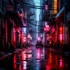 Wall Mural - Neon-lit alley in a rainy cyberpunk city 