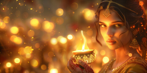 Wall Mural - Indian girl with fire in her hands against a background of flickering glare and fiery sparks, panorama