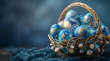 Easter Basket Adorned With Intricate Gold Seashell Patterns On Eggs .Isolated On Navy Background.
