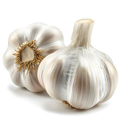 Two garlic bulbs, a staple food in many cuisines, are placed side by side on a white surface. These natural ingredients can enhance the flavor of dishes