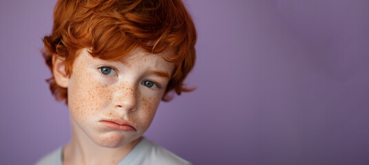 Wall Mural - A boy with red hair and blue eyes is looking at the camera. He has a scruffy appearance and he is sad. a close up head shot of a red haired young boy pulling a funny face on a plain purple background