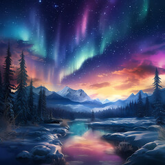 Poster - Spectacular view of the Northern Lights over a snowy region