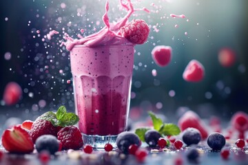 Wall Mural - Frozen berries splashing into a pink smoothie