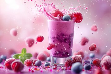 Wall Mural - Frozen berries splashing into a pink smoothie