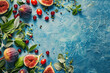 Fresh Fig Fruit Sprinkled with Berries and Scattered Leaves on a Blue Textured Background. Menu cover