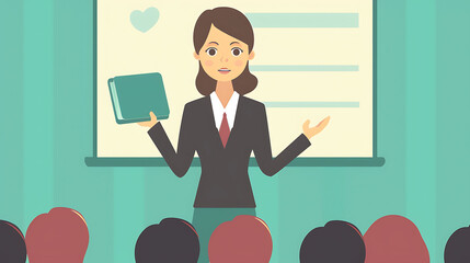 Confident businesswoman giving a presentation in front of an audience. She is holding a book in her left hand and gesturing with her right hand.