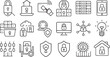 Various types of security include guards, cyber security, passwords, smart homes, safety, data protection, keys, shields, locks, unlock, and eye access. Vector illustration (19)