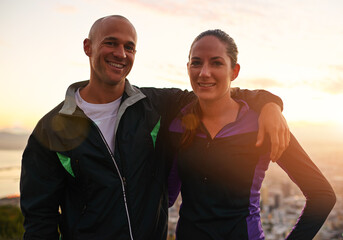 Canvas Print - Happy couple, portrait and fitness with hug in sunset on mountain for workout, exercise or training together. Man and woman with smile, love or support for hiking, running or health and wellness